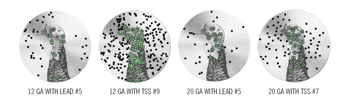 4 different turkey targets showing shot spray for 12 gauge lead, 12 gauge tss, 20 gauge lead, and 20 gauge tss