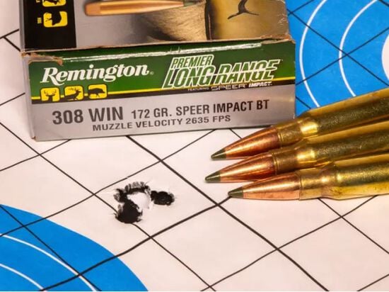 shot target with Premier Long Range cartridges and box