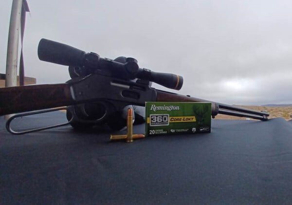 Lever Action Rifle sitting on a table with a box of Core-Lokt 360 Buckhammer