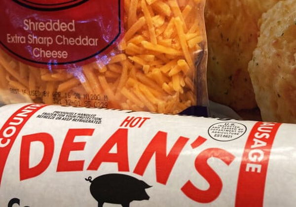 Dean's hot sausage, shredded chedder chesse and bisquits
