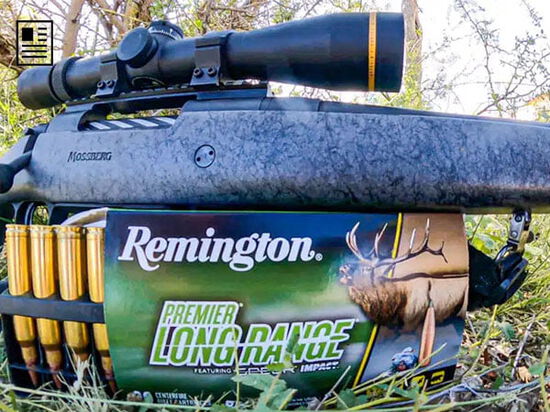 Premier Long Range box and cartridge tray in front of a rifle