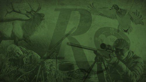 Deer, Duck, Person looking down a rifle, person using a call and holding a gun, target, remington logo with green overlay