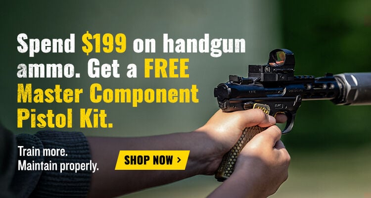 Spend $199 on handgun ammo, Get a FREE Master Component Pistol Kit; Train more. Maintain properly; Shop Now; shooter aiming handgun with silencer