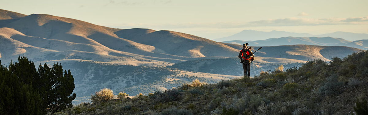 hunter walking on a hill with mountains in the background