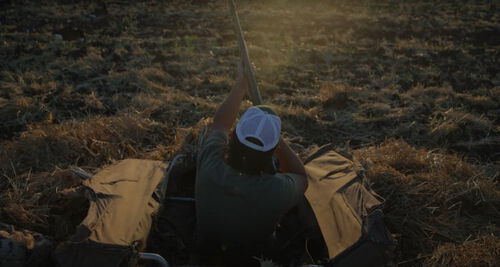 Jon waiting shotgun while sitting in a duck blind in a field