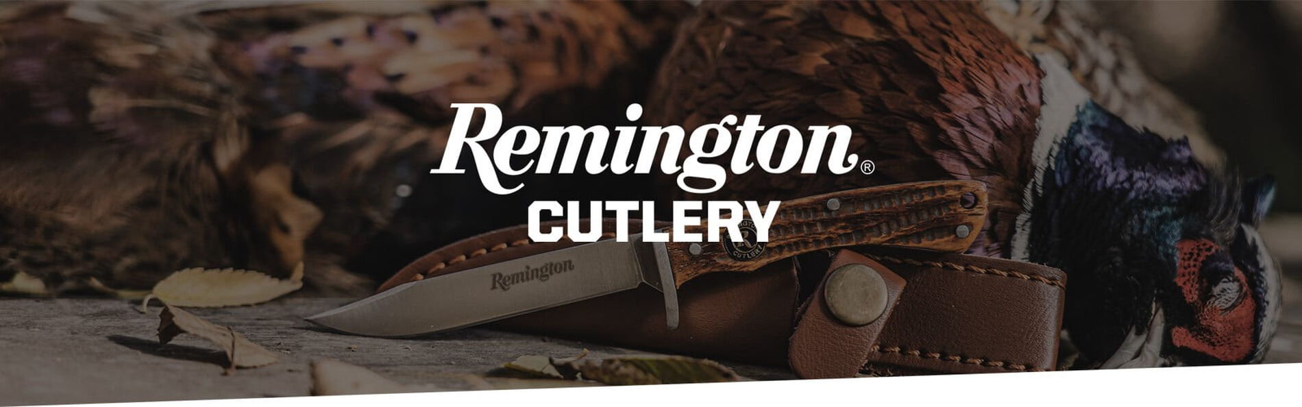 Remington Cutlery text over a Remington knife propped in front of a dead pheasant image