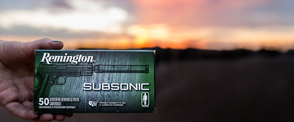 Subsonic Handgun box in front of a sunrise