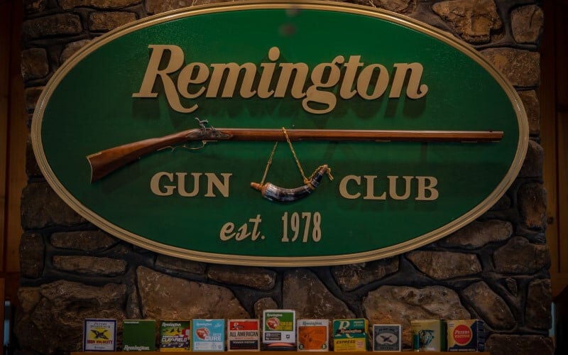 Remington Gun Club club house plack with Remington ammo boxes below it
