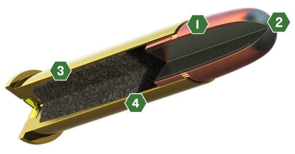 diagonal rendering of the Core-Lokt 360 Buckhammer bullet with green hexagon numbers