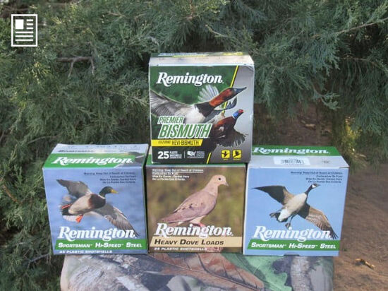 boxes of Premier Bismuth, Remington Sportsman Hi-Speed Steel and Heavy Dove Loads stacked on top of each other