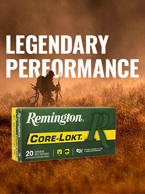 Legendary Performance; Hunter walking with antlers in his backpack with a Core-Lokt box overlay