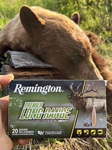 Premier Long Range box in front of a dead bear