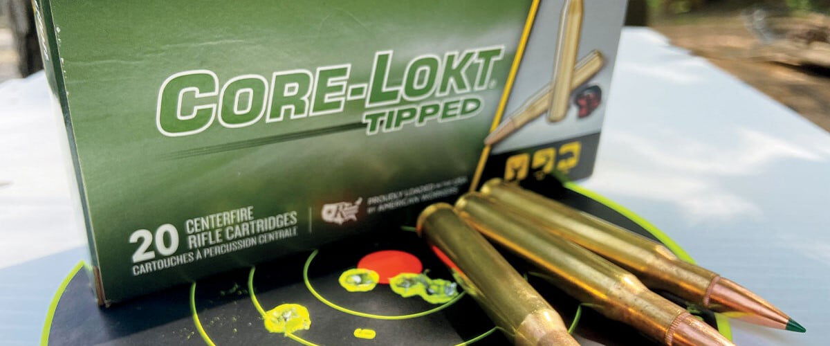 Remington Core-Lokt Tipped package with cartridges laying on top of a target