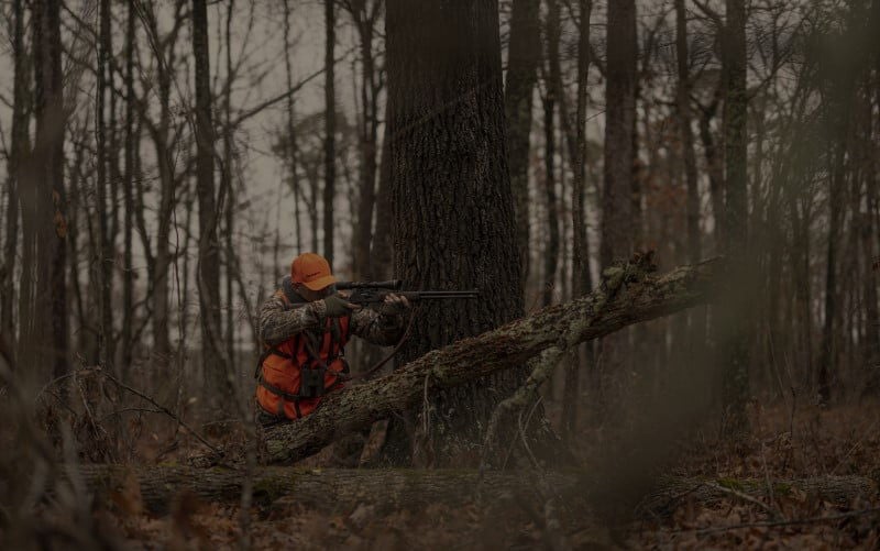 hunter aiming rifle next to a fallen tree