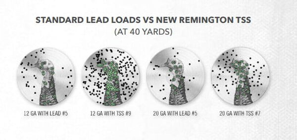 images of a turkey target shot at 40 yards with 12 gauge and 20 gauge Lead and TSS loads