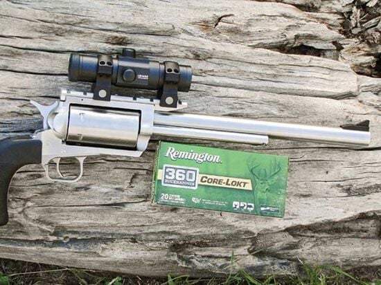 hunting handgun with a box of 360 buckhammer