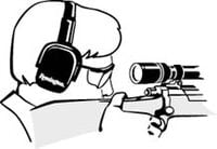 drawning of a man looking down a scope with ear protection and eye protection