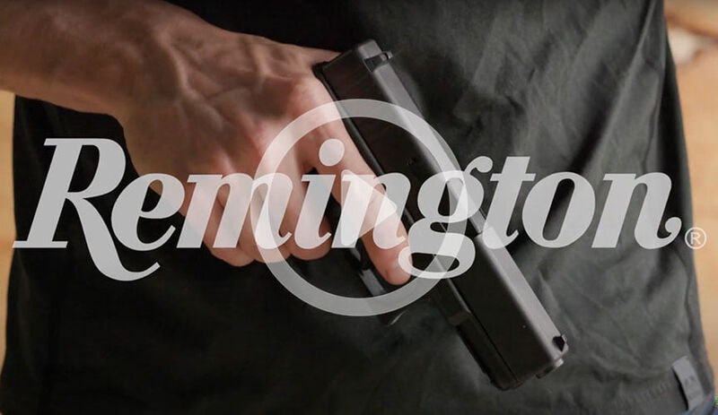 person holding a handgun with the Remington logo overlay with a play button overlay