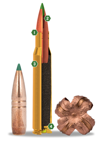 Numbered Rendering of Premier CuT bullet, cartridge, and upset