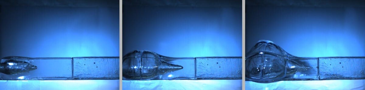 3 gel shot photos showing bullet moving through the gel