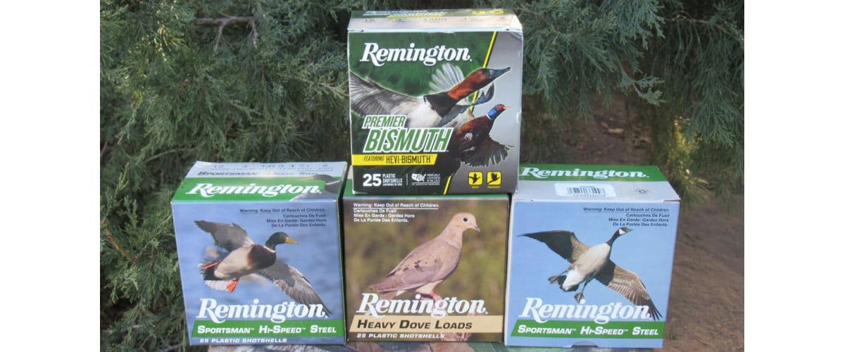 boxes of Premier Bismuth, Remington Sportsman Hi-Speed Steel and Heavy Dove Loads stacked on top of each othe