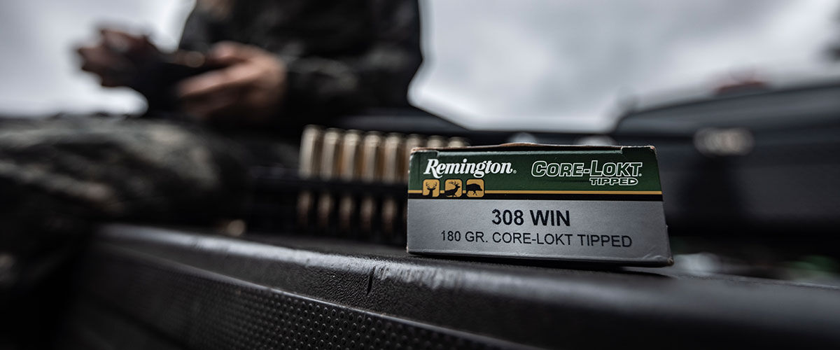 308 Win Core-Lokt Tipped box on a tailgate