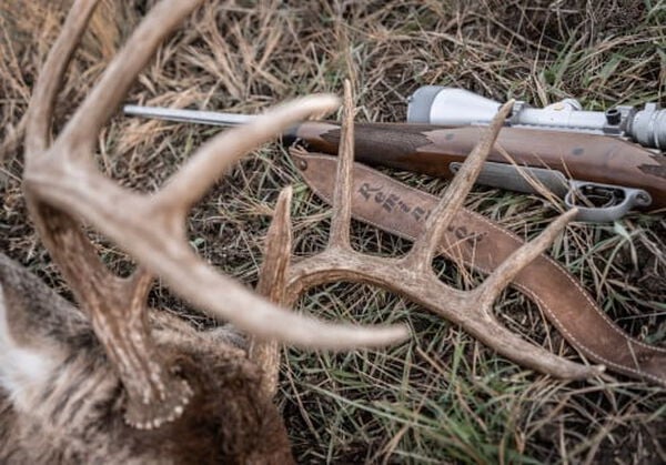 Antlers resting next to a Remington rifle