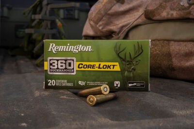 Core-Lokt 360 Buckhammer box and cartridges sitting on a tailgate