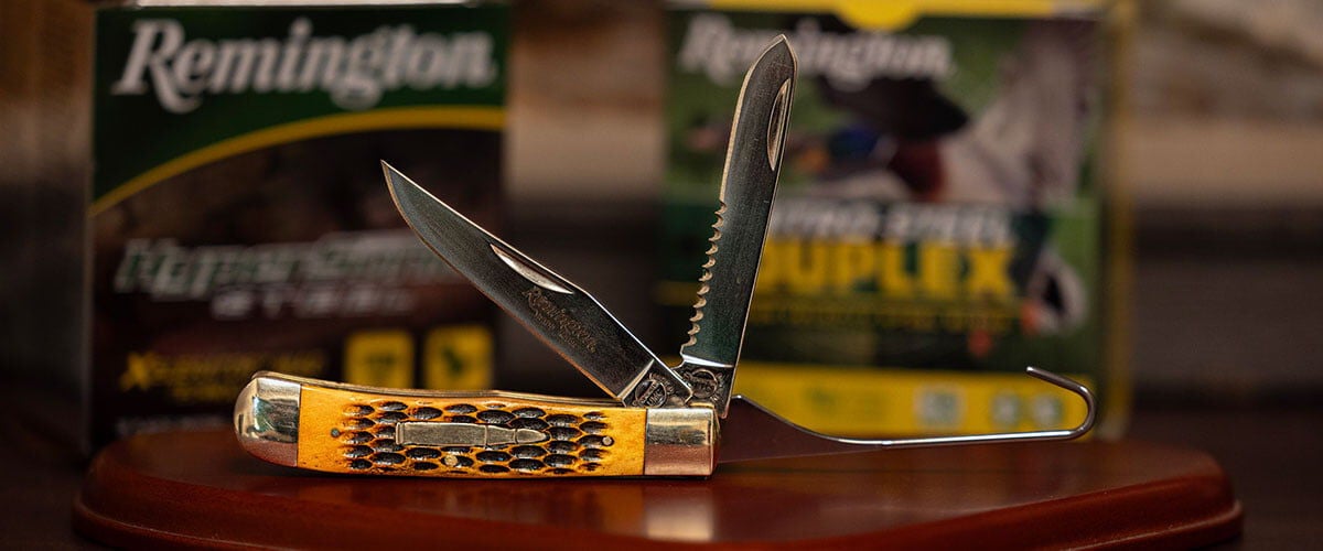 Remington ammunition packaging with a bullet knife in front