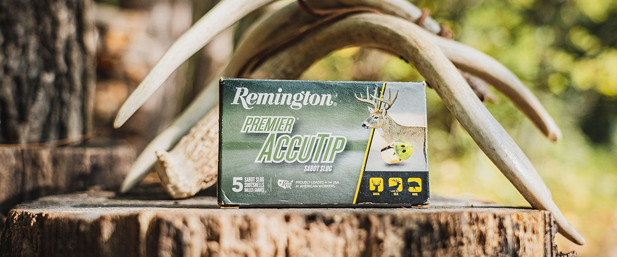AccuTip Sabot Slug box sitting on a tree stump with deer antlers