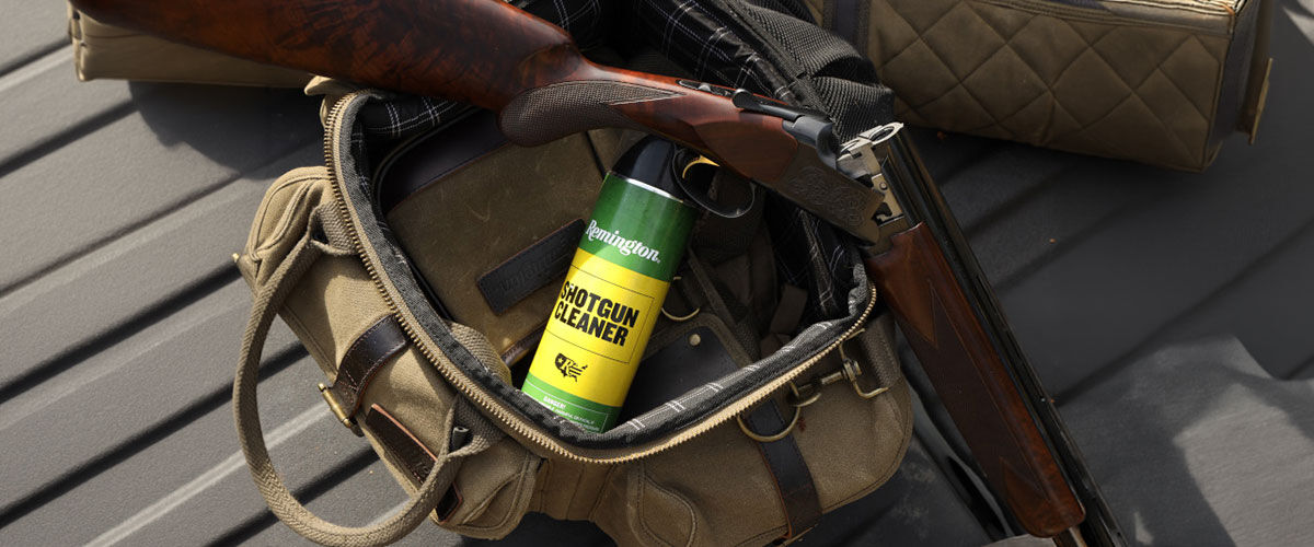 Shotgun Cleaner in a range bag with a shotgun