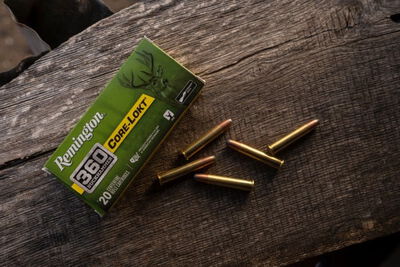 Core-Lokt 360 Buckhammer cartridges and box laying on a piece of wood