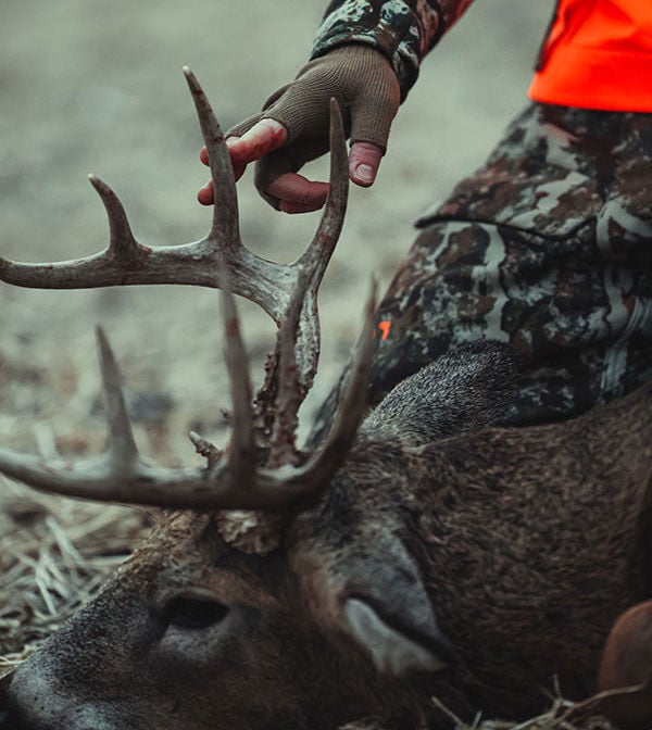 hunter holding up deer antlers