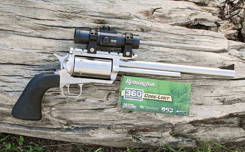 hunting handgun with a box of 360 buckhammer