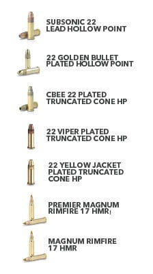 cartridge image for subsonic 22 lead hollow point, 22 golden bullet plated hollow point, cbee 22 plated truncated cone hp, 22 viper plated truncated cone hp, 22 yellow jacket plated truncated cone hp, premier magnum rimfire 17 hmr, magnum rimfire 17 hmr cartridges