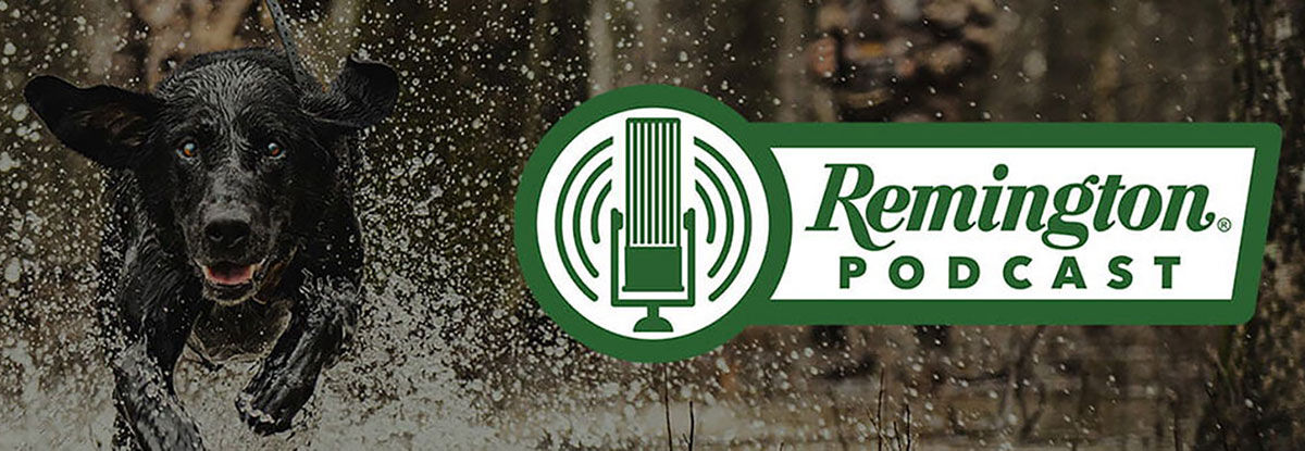 dog running through water with the Remington Podcast logo overlay