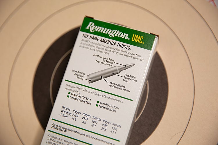 back of a UMC rifle box on a target
