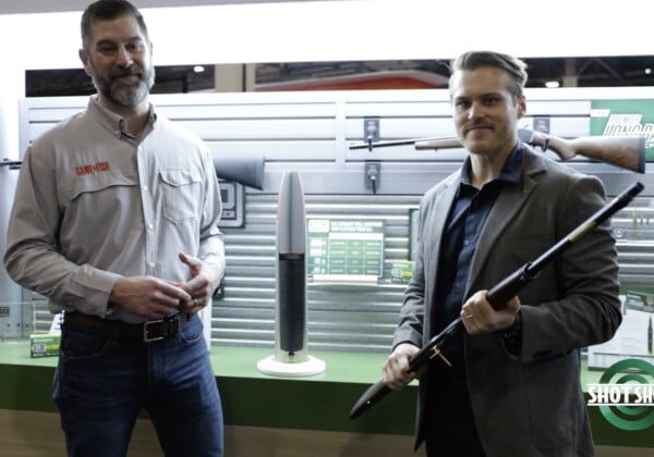 Joel Hodgdon Adam Heggenstaller standing in front of the Core-Lokt 360 Buckhammer booth at th 2023 SHOT Show