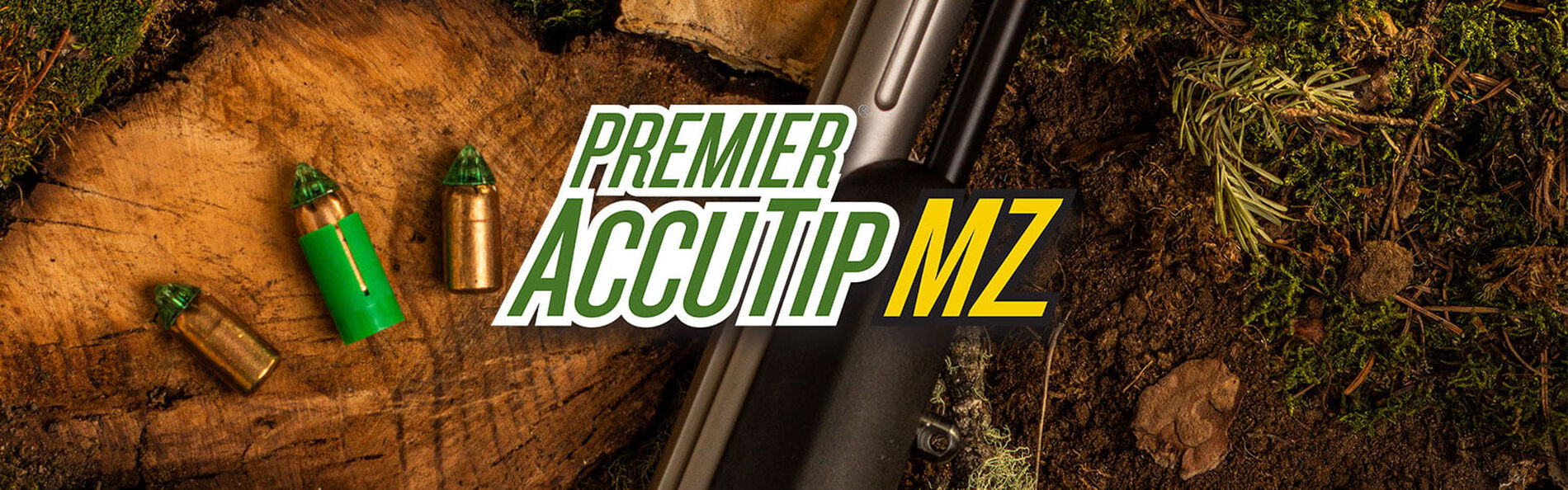 Muzzleloader and Premier AccuTip MZ rounds laying on a table with Premier AccuTip MZ logo overlay