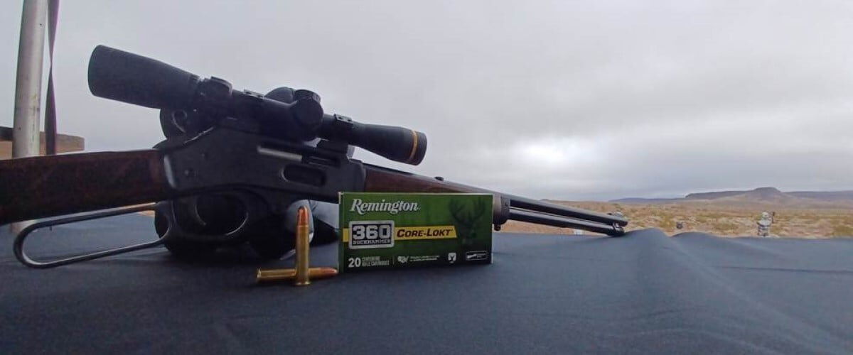 Lever Action Rifle sitting on a table with a box of Core-Lokt 360 Buckhammer