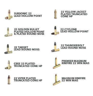 subsonic 22 lead hollow point, 22 yellow jacket plated truncated cone hp, 22 golden bullet plated hollow point and plated round nose, 22 cyclone lead hollow point, 22 target lead round nose, 22 thunderbolt lead round nose, cbee 22 plated truncated cone hp, premier magnum rimfire 22 win mag, 22 viper plated truncated cone hp, magnum rimfire 22 win mag cartridges