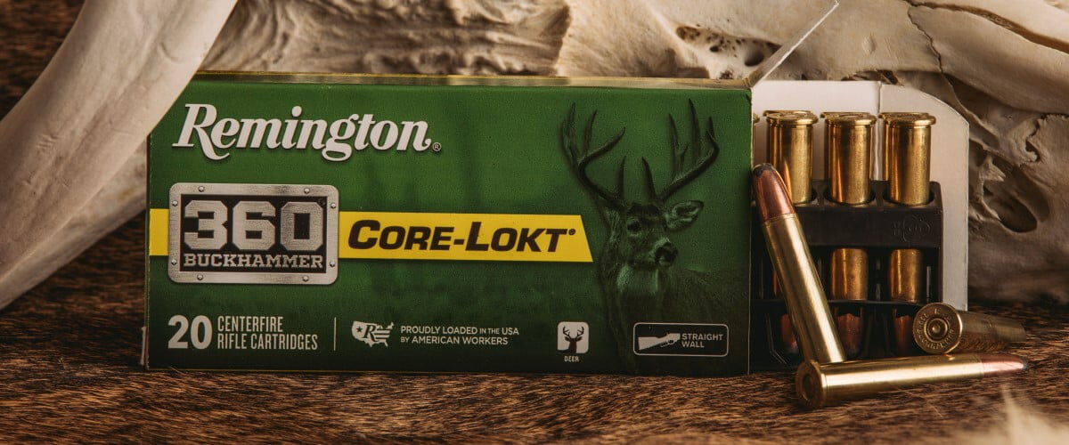 Open box of Core-Lokt 360 Buckhammer in front of a deer skull
