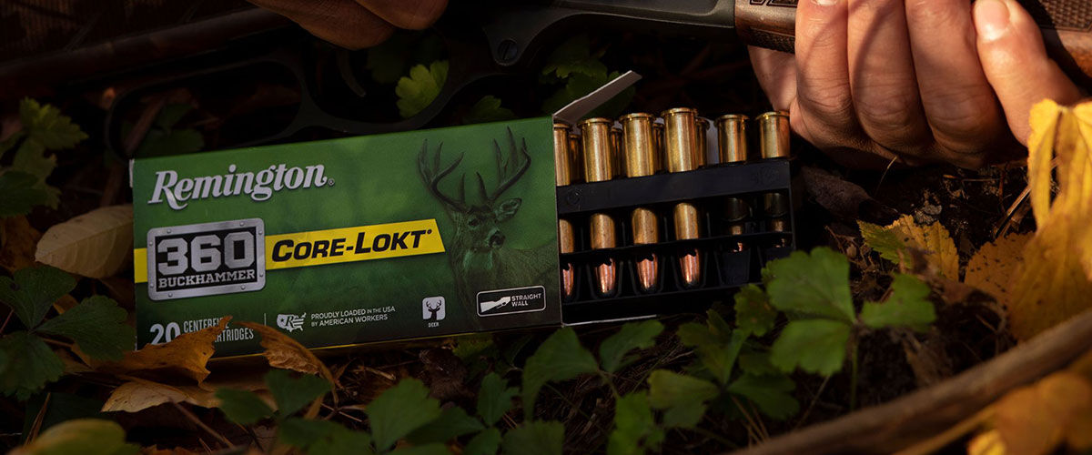 Core-Lokt 360 Buckhammer box and cartridges sitting amoungst leaves