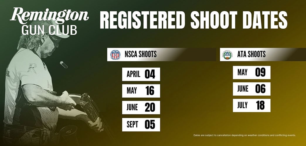 Registered Shoot Dates; NSCA Shoots, April 14, May 16, June 20, Sept 05; ATA Shoots, May 09, June 06, July 18