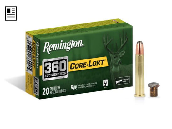 360 Buckhammer Cartridge and bullet in front of the Core-Lokt 360 Buckhammer box
