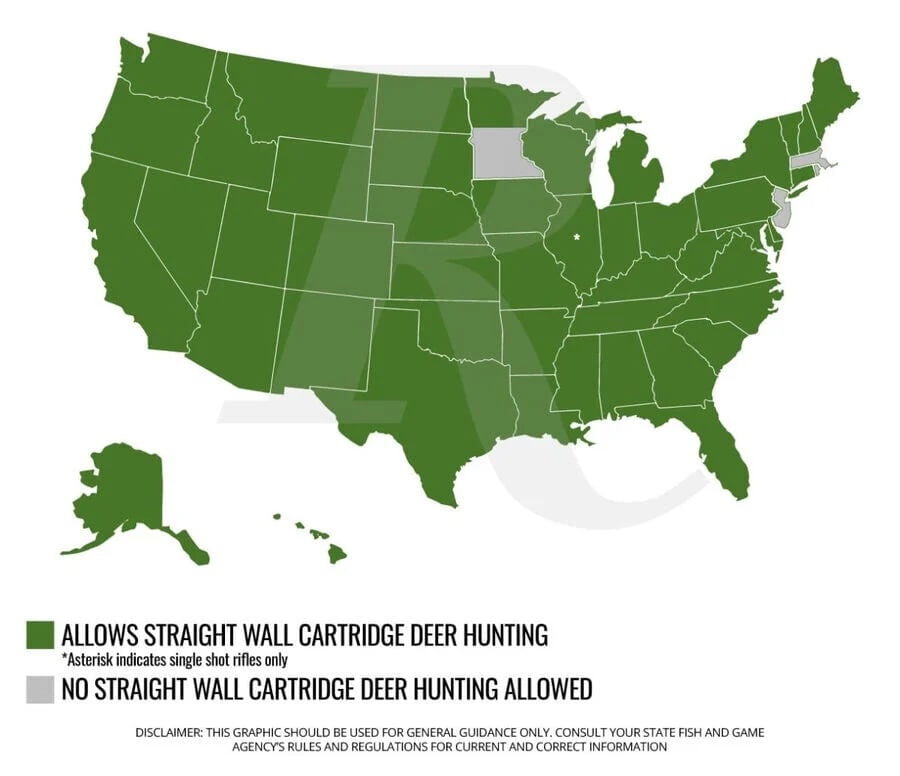Map of the USA with states in green where you can use Straight Walled cartridges