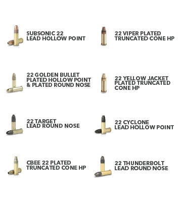 subsonic 22 lead hollow point, 22 viper plated truncated cone hp, 22 golden bullet plated hollow point and plated round nose, 22 yellow jacket plated truncated cone hp, 22 target lead round nose, 22 cyclone lead hollow point, cbee 22 plated truncated cone hp, 22 thunderbolt lead round nose cartridges