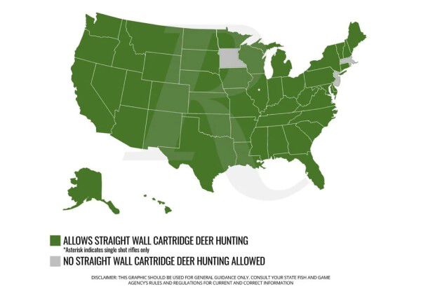 Map of the USA with states in green where you can use Straight Walled cartridges