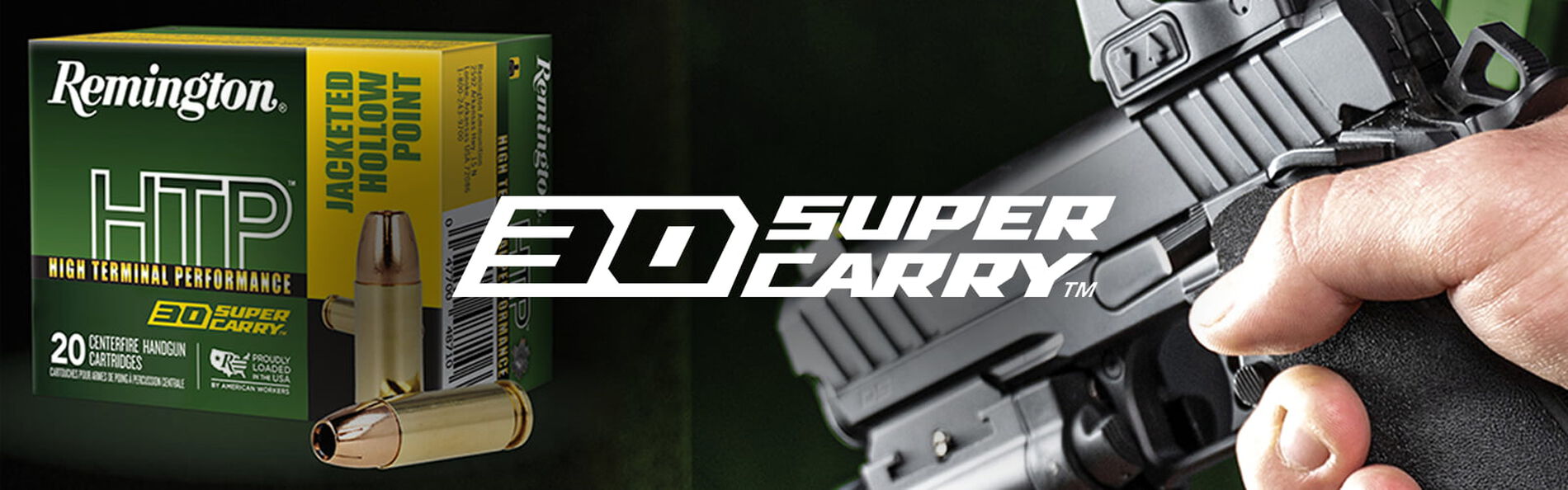 30 Super Carry Packaging and cartridges and a person holding a handgun with the 30 Super Carry logo
