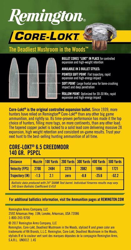 Core-Lokt, 6.5 Creedmoor, 140 Grain, Pointed Soft Point Core Lokt, 2700 fps